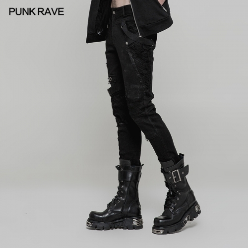 PUNK RAVE personality broken mesh skinny trousers WK-319