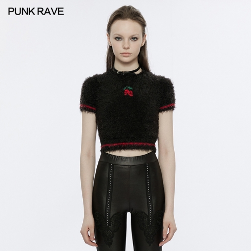 Punk Rave OM-002TMF Cherry Skull Sexy Short Embroidered With Detachable Sleeve Cute Sweater
