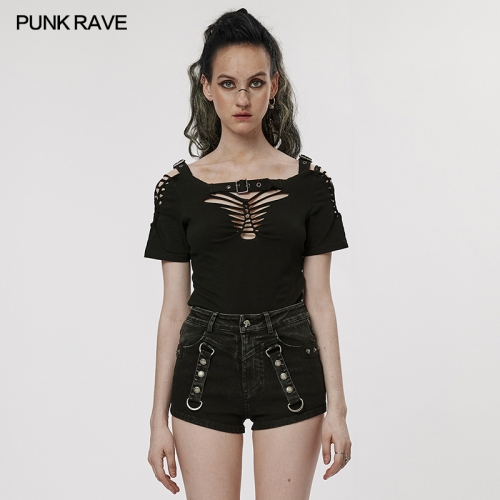 Punk Sexy V-Neck Woven Hollow Out Backless Short Sleeve T-Shirt WT-764TCF