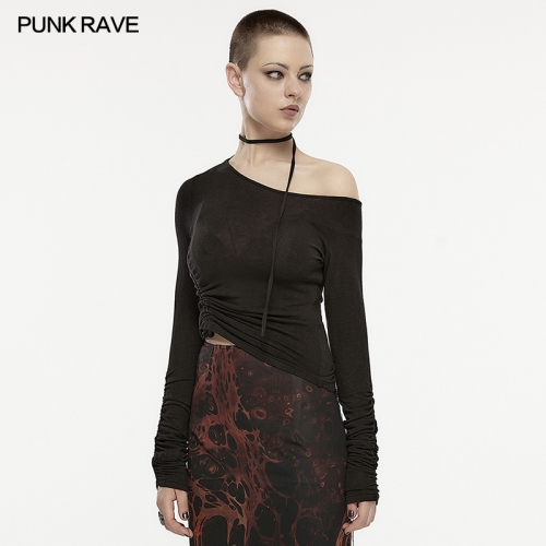 Punk Rave Wholesale Asymmetric Slant Neck Super Soft Fitted Long Sleeve T-Shirt OPT-872TCF