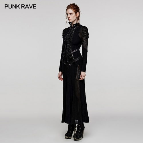 Punk Rave WQ-653LQF V-Shaped Standing Neck Elastic Decadent Knit Fabric And Snake Texture Mesh Gothic Decadent Sexy Dress