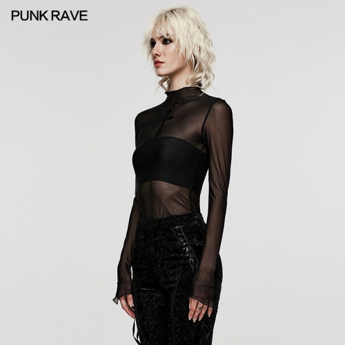 Punk Rave Small Cross Flocked Slim Fit Sexy See-Through Elastic Mesh Fabric Goth Sexy T-Shirt