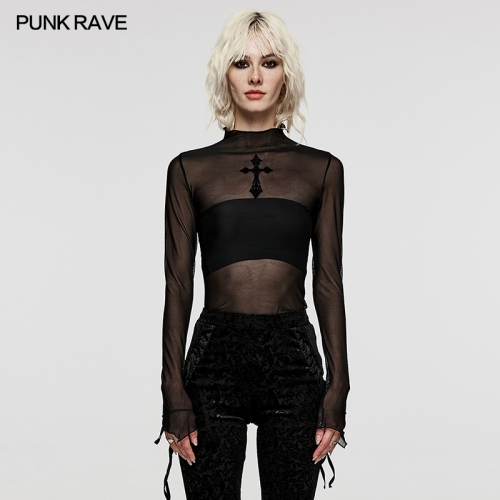 Punk Rave Small Cross Flocked Slim Fit Sexy See-Through Elastic Mesh Fabric Goth Sexy T-Shirt