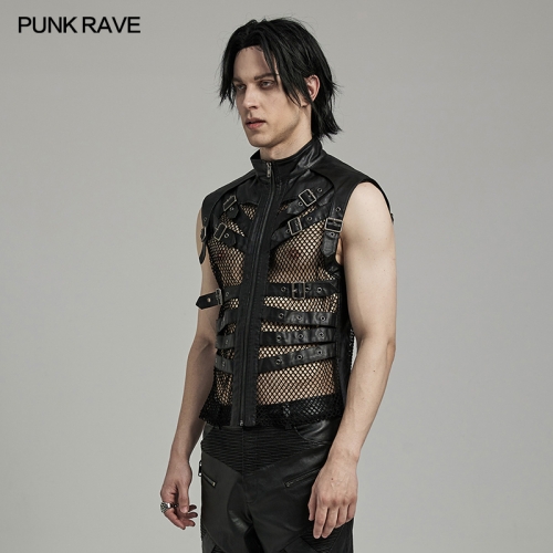 Punk Rave WY-1614MJM Front zipper design Personality mesh and handsome leather loop PUNK Handsome Hollow Vest