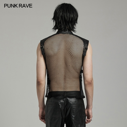 Punk Rave WY-1614MJM Front zipper design Personality mesh and handsome leather loop PUNK Handsome Hollow Vest