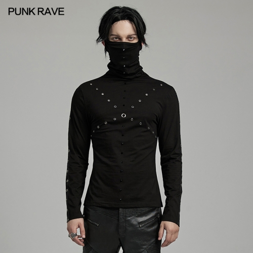 Punk Rave WT-898TCM Spikes And Eyelet Webbings Decoration Punk High Collar T-Shirt