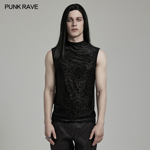 Punk Rave WT-909BXM Gothic Fashion Elastic Flocked Mesh Fabric Decorative Webbing Details Goth Tank Top