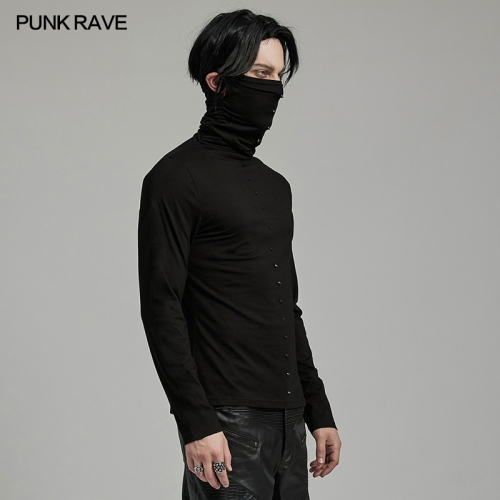 Punk Rave WT-910TCM Black Spikes Decoration Ear Holes Design Punk High Collar T-Shirt