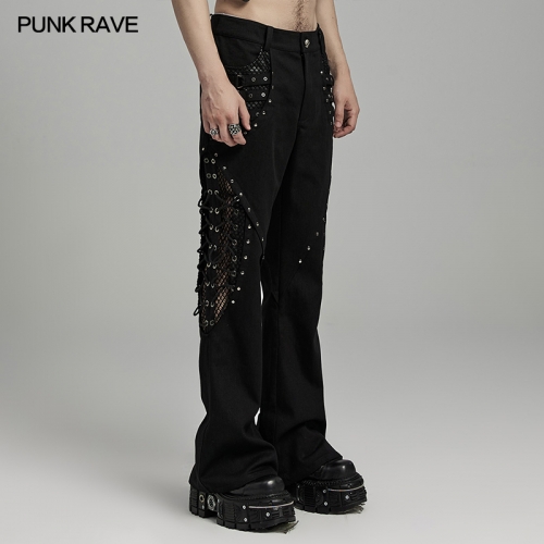 Punkrave WK-628DQM Mesh Hollowed Out Drawstring Design Personalized Punk Flare Pants