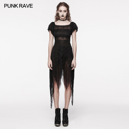 Punk Rave WQ-681LQF Delicate Stretch Lace Neckline Sweet Puff Sleeves And Two Way Wearable Shoulder Goth Lace Dress