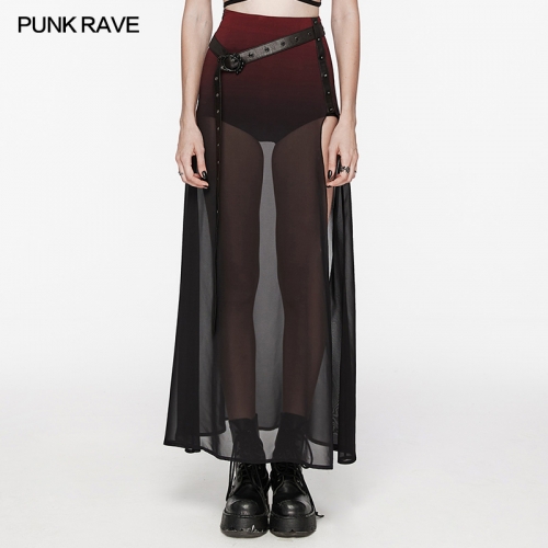 Equipped With A Waist Belt Perspective High Slit A-Line Design Goth Daily Skirt