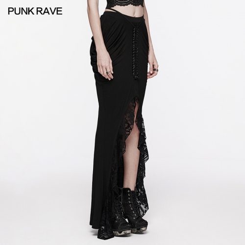 Punk Rave Slim Fit And Hip Wrap Skirt Design Elastic Knitted Fabric And Lace Goth Half Skirt