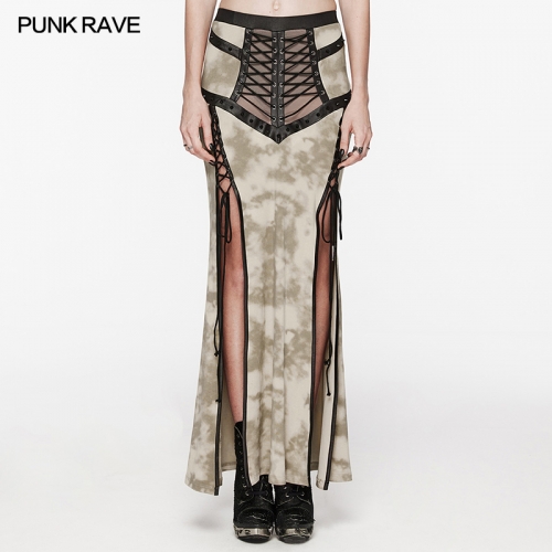 Punk Rave See-Through Mesh Splicing And Cool Drawstring Eyelet Sexy Mesh Rope Slit Punk Skirt