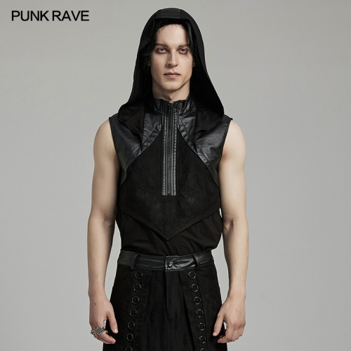 Hooded Design Elastic Knitted And Textured Woven Fabric Punk Hooded Tank Top