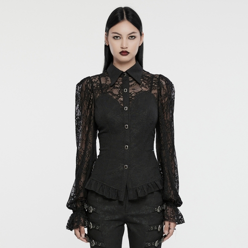 Exquisite Hand-Stitched Button Dark Weave And Lace Fabric Gothic Lace Balloon Sleeve Shirt