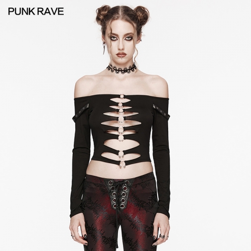 Minimalist Style Punk Sexy Horizontal-Neck Ring Decorative Hollow Out T-Shirt