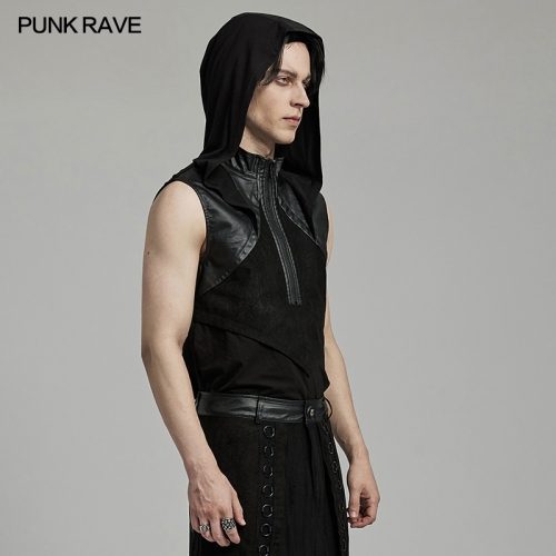 Hooded Design Elastic Knitted And Textured Woven Fabric Punk Hooded Tank Top