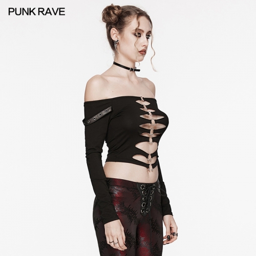 Minimalist Style Punk Sexy Horizontal-Neck Ring Decorative Hollow Out T-Shirt