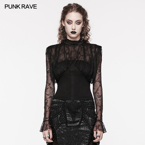 Punk Rave Lace And Elastic Knitted Fabric Tight Bottom And Loose Top Goth Retro Shirt