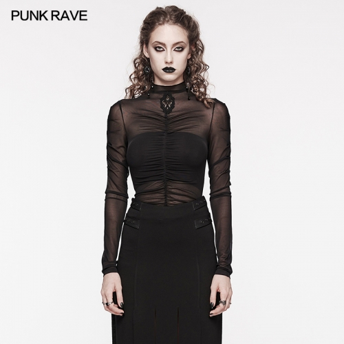 Punk Rave Embroidered Stickers Elastic Mesh Goth Skeleton Fit Long Sleeved T-Shirt