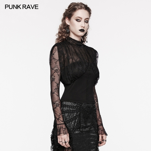 Punk Rave Lace And Elastic Knitted Fabric Tight Bottom And Loose Top Goth Retro Shirt