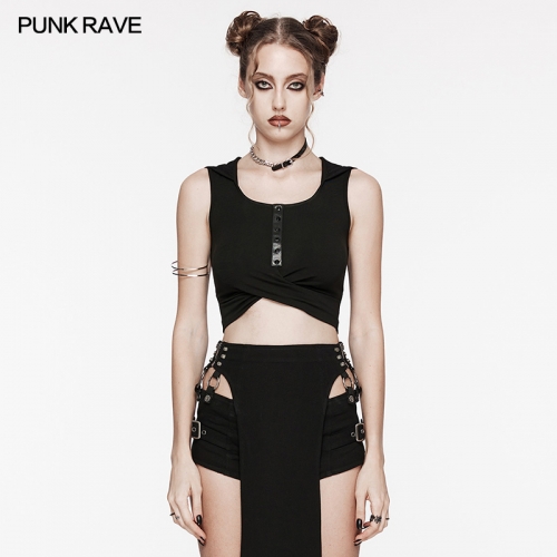 Punk Rave WT-856BXF Cross Pleated Design Cool Stretch Knit Fabric Wasteland Hooded Short Vest