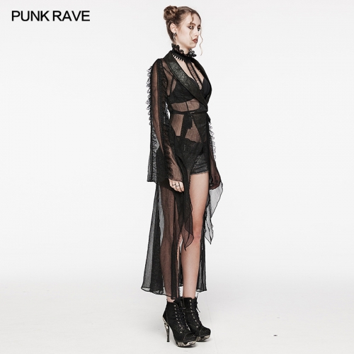 Punk Rave WY-1567XCF Exquisite Wave Lace Cracked Leather And Chiffon Goth Perspective Long Cardigan