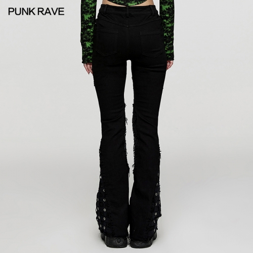 Punk Rave WK-570NCF Eyelet Webbings Washed And Raw-Edged Punk Cage Flared Pants