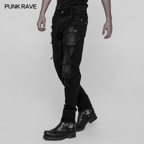 Punk Rave WK-339XCM Hand-Painted Crafts Cloth Hole-Breaking Process Self-Cultivation Punk Decadent Trousers