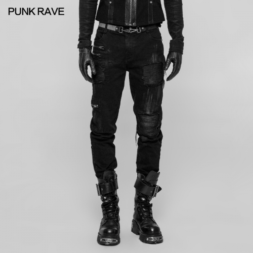 Punk Rave WK-339XCM Hand-Painted Crafts Cloth Hole-Breaking Process Self-Cultivation Punk Decadent Trousers