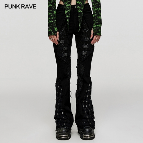 Punk Rave WK-570NCF Eyelet Webbings Washed And Raw-Edged Punk Cage Flared Pants