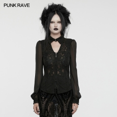 Punk Rave WY-1635CCF Dark Floral Elastic Knitted Fabric And Chiffon Goth Hollow Out Shirt